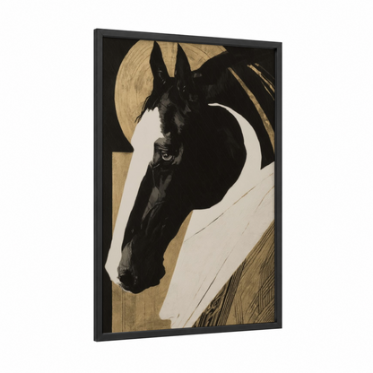Monochrome Clydesdale framed clydesdale horse print — black wood frame — black and white and gold palette