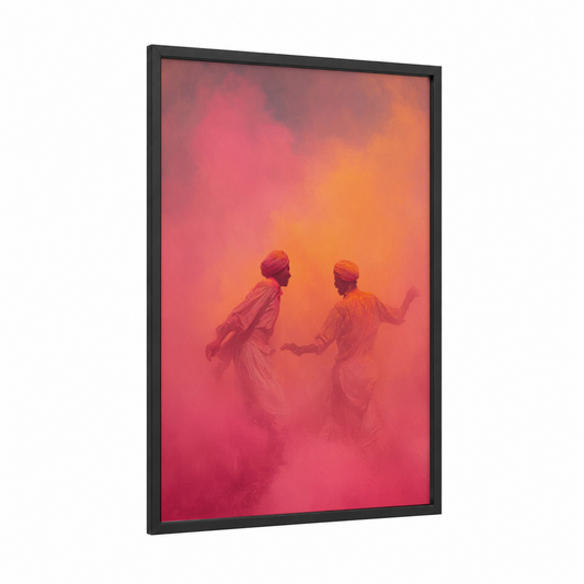 Holi Celebration framed hindu holidays print — black wood frame — salmon pink and gold palette