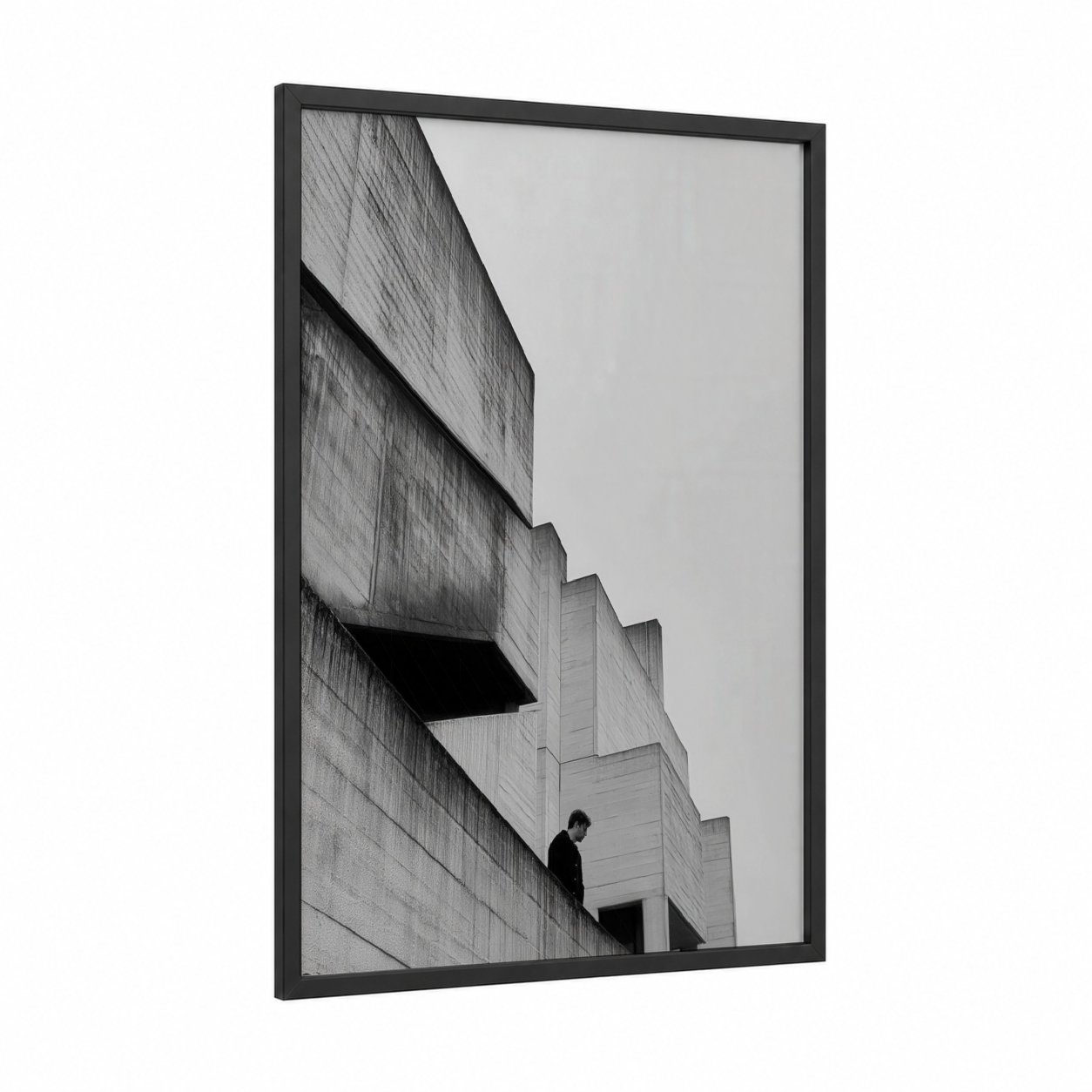 Brutalist Solitude framed abstract architecture print — black wood frame — black and white and gray palette