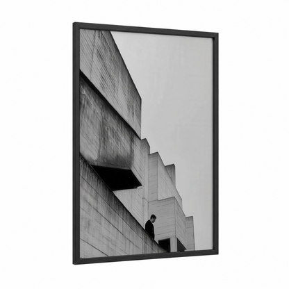 Brutalist Solitude framed abstract architecture print — black wood frame — black and white and gray palette