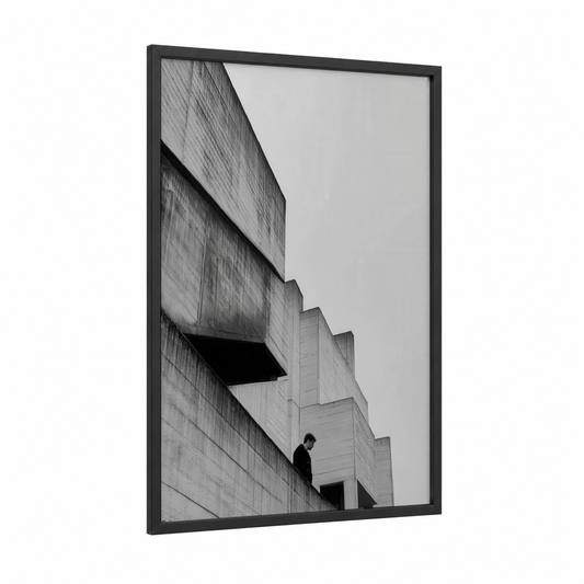 Brutalist Solitude framed abstract architecture print — black wood frame — black and white and gray palette