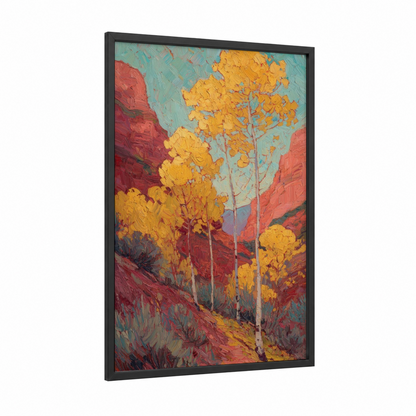 Golden Aspen Canyon framed autumn print — black wood frame — gold and red palette