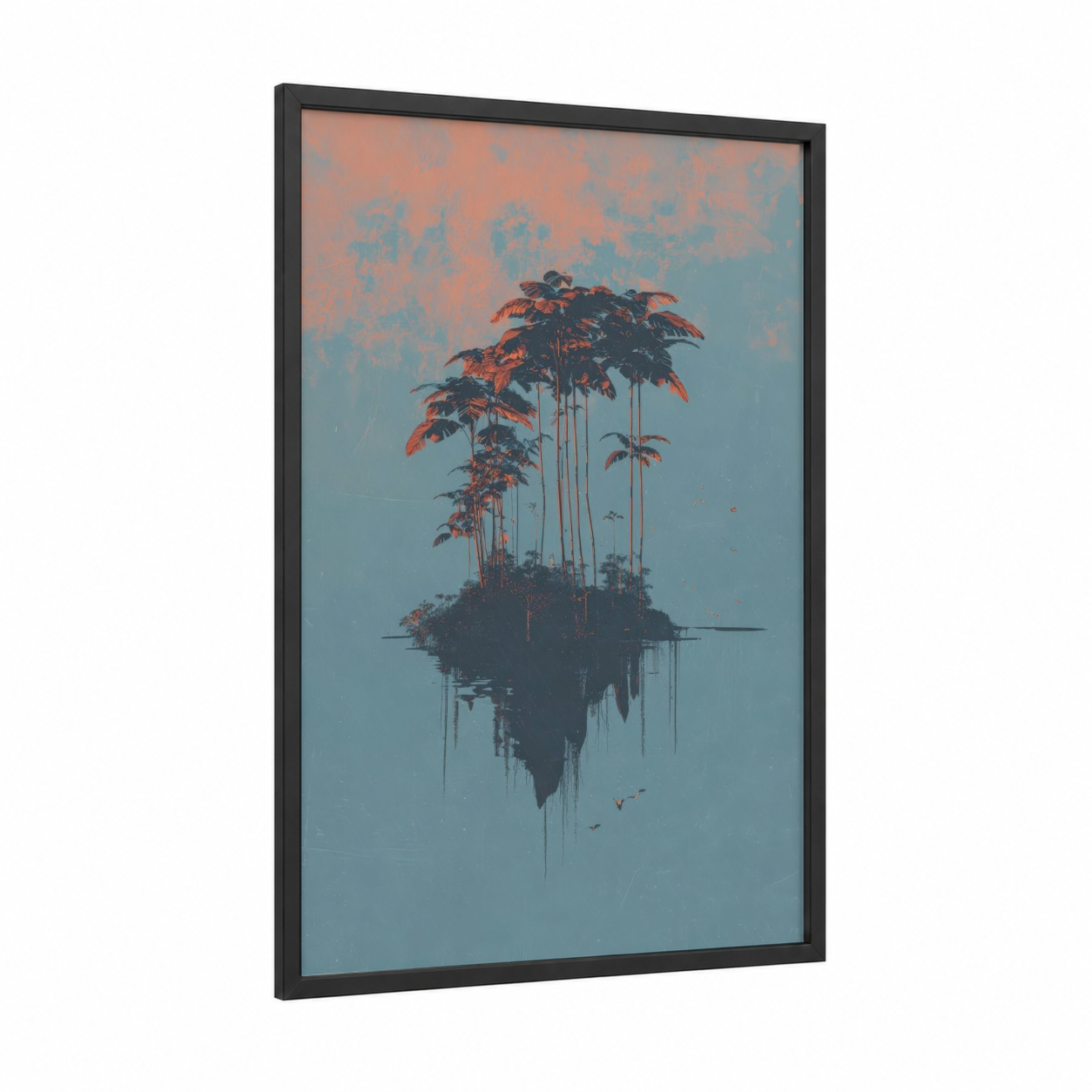 Floating Island Palms framed tropical trees print — black wood frame — teal palette