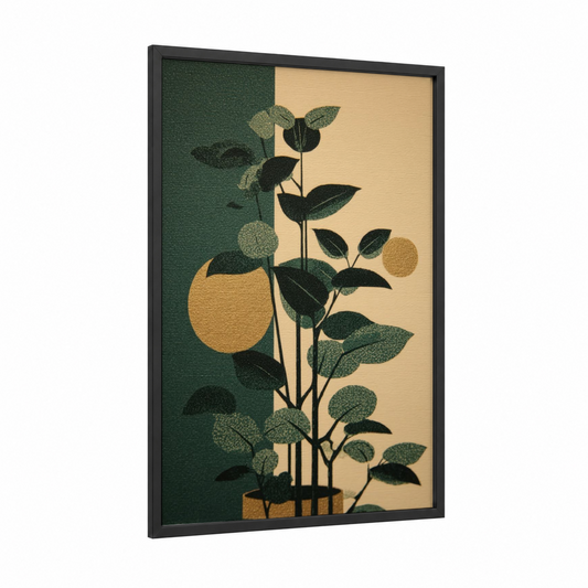 Golden Banyan framed banyan tree print — black wood frame — dark green and gold palette