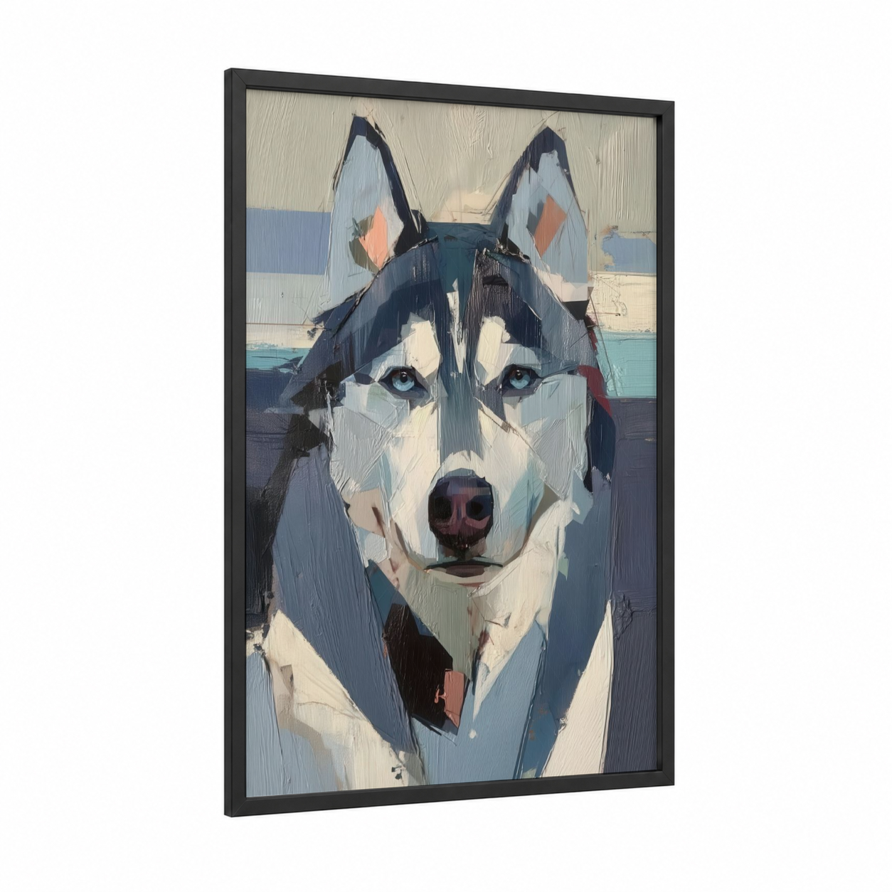 Arctic Husky framed art print — black wood frame — blue and white palette