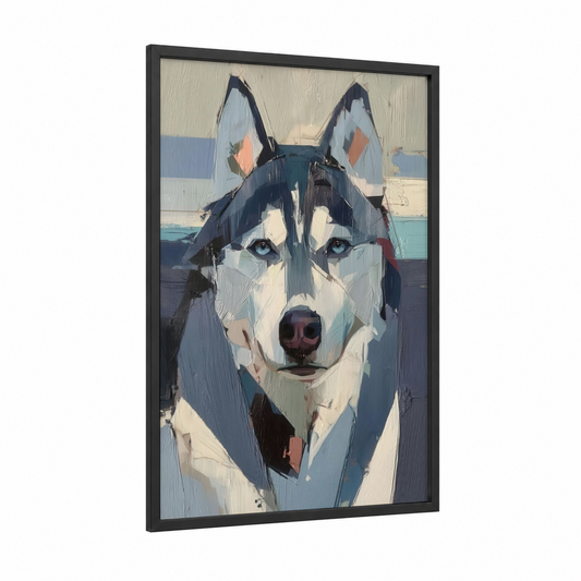 Arctic Husky framed art print — black wood frame — blue and white palette