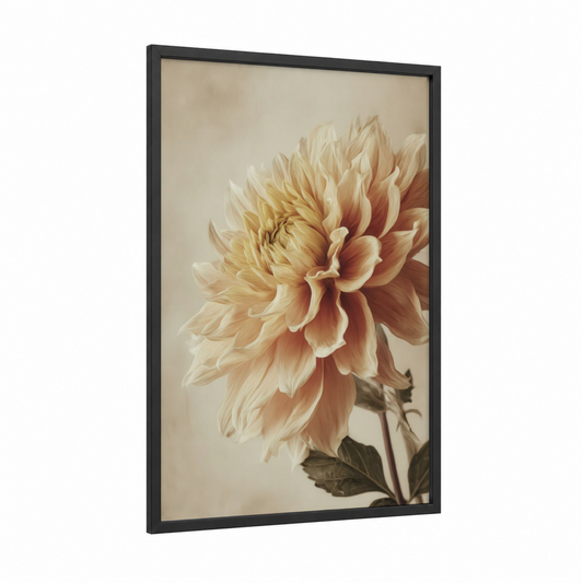 Peachy Dahlia framed art print — black wood frame — peach and cream palette