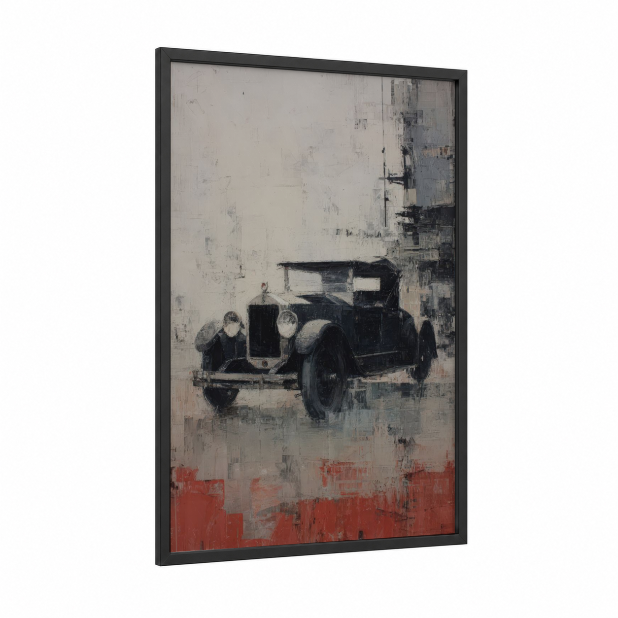 Vintage Roadster framed classic car print — black wood frame — gray and white and black and red palette