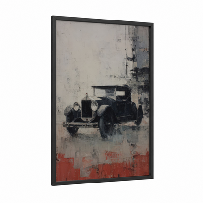 Vintage Roadster framed classic car print — black wood frame — gray and white and black and red palette