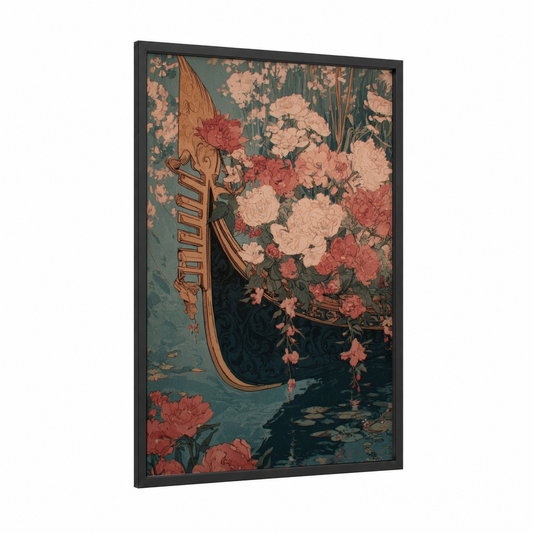 Ornate Gondola Blooms framed art print — black wood frame — teal and salmon pink palette