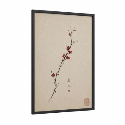 Japanese Cherry Blossom Branch Wall Art framed cherry blossoms print — black wood frame — beige and maroon palette