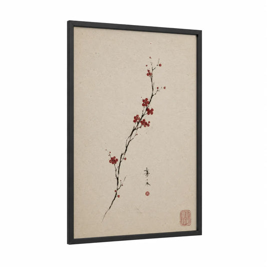 Japanese Cherry Blossom Branch Wall Art framed cherry blossoms print — black wood frame — beige and maroon palette
