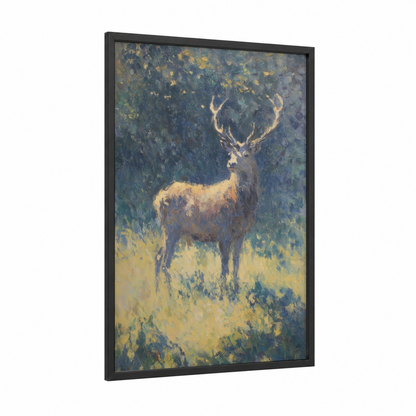 Golden Reindeer framed art print — black wood frame — gold and dark green palette