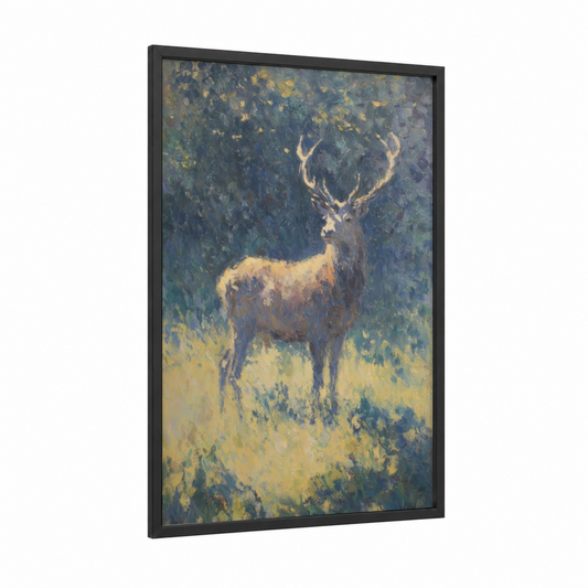 Golden Reindeer framed art print — black wood frame — gold and dark green palette