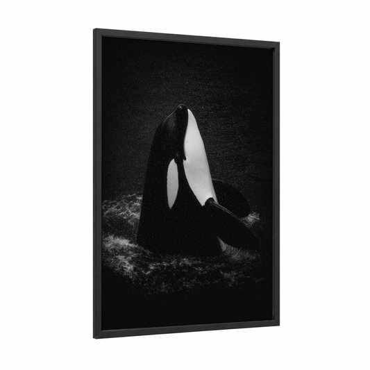 Breaching Orca framed orca whale print — black wood frame — black and white palette