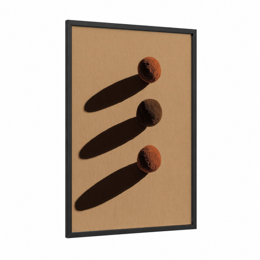 Cocoa Truffles framed sweet print — black wood frame — beige and brown palette