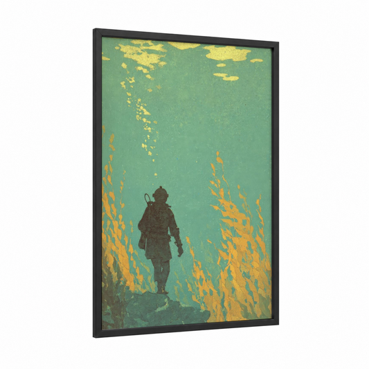 Underwater Explorer framed diving print — black wood frame — teal and yellow gold palette