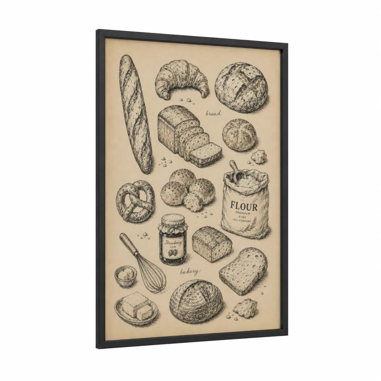 Vintage Bakery Sketch Wall Art framed cooking and baking print — black wood frame — beige and black and white palette