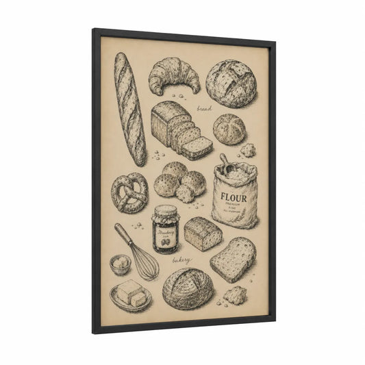 Vintage Bakery Sketch Wall Art framed cooking and baking print — black wood frame — beige and black and white palette