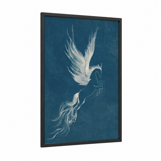 Celestial Pegasus framed art print — black wood frame — blue and white palette