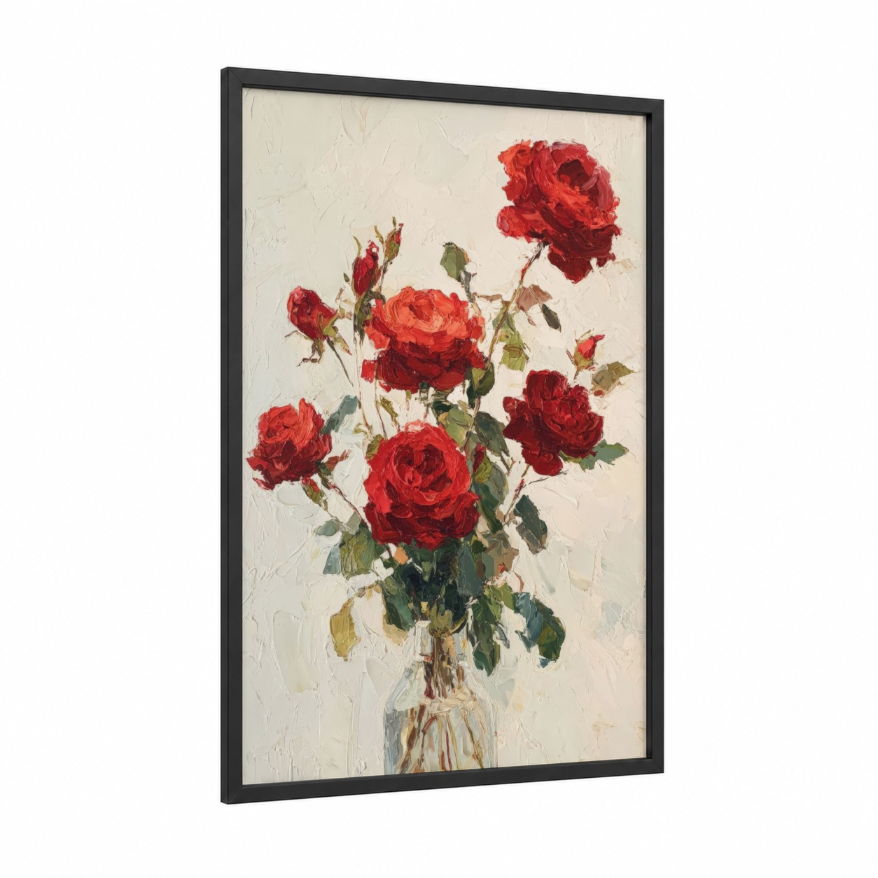 Crimson Rose Bouquet framed roses print — black wood frame — red and cream palette