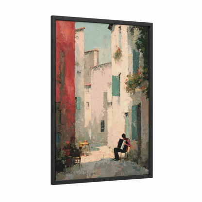 Alley Musician framed art print — black wood frame — cream and sage green palette