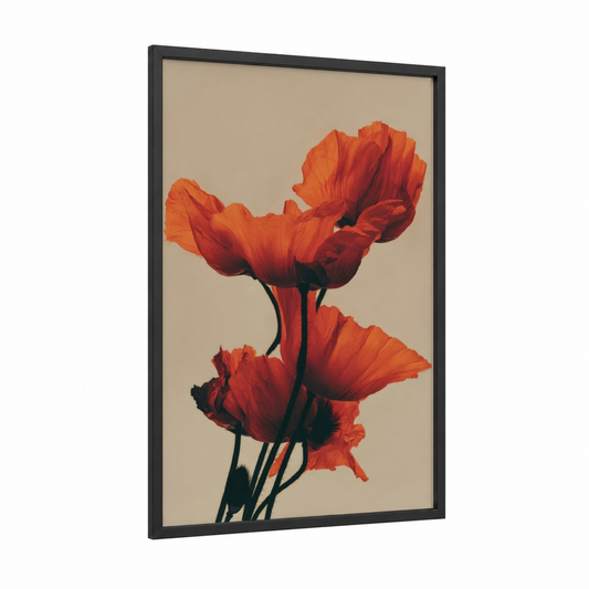 Crimson Poppies framed art print — black wood frame — red and beige palette