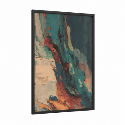 Teal Bonsai Meditation framed bonsai tree print — black wood frame — teal and red palette