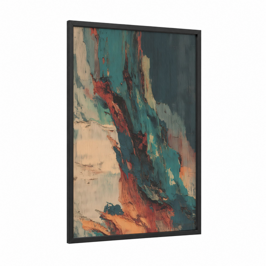 Teal Bonsai Meditation framed bonsai tree print — black wood frame — teal and red palette