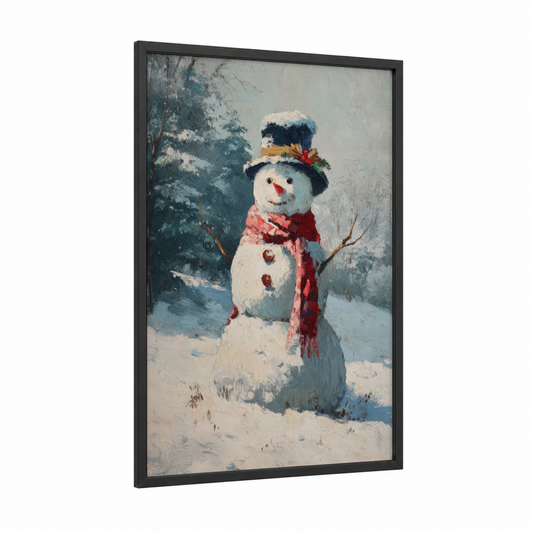 Festive Snowman framed winter print — black wood frame — blue and white and red palette
