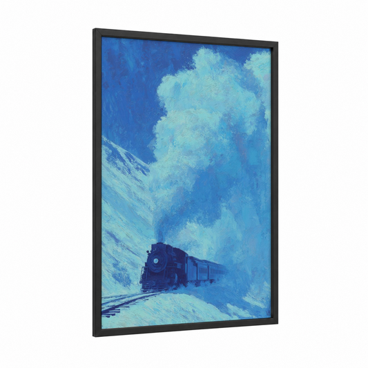Snowy Train Adventure framed art for boy print — black wood frame — blue and light green palette