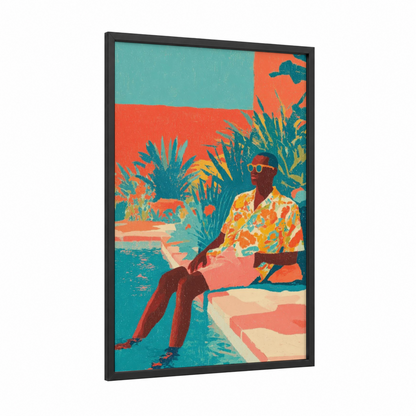 Poolside Leisure framed men's fashion print — black wood frame — turquoise and orange palette