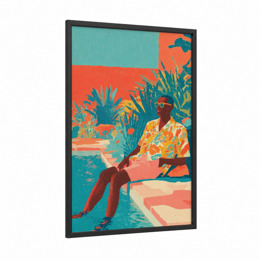 Poolside Leisure framed men's fashion print — black wood frame — turquoise and orange palette