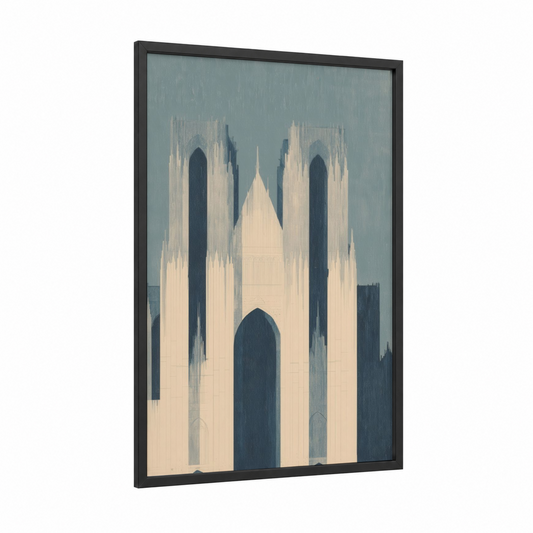 Amiens Cathedral framed art print — black wood frame — cream and dove gray palette