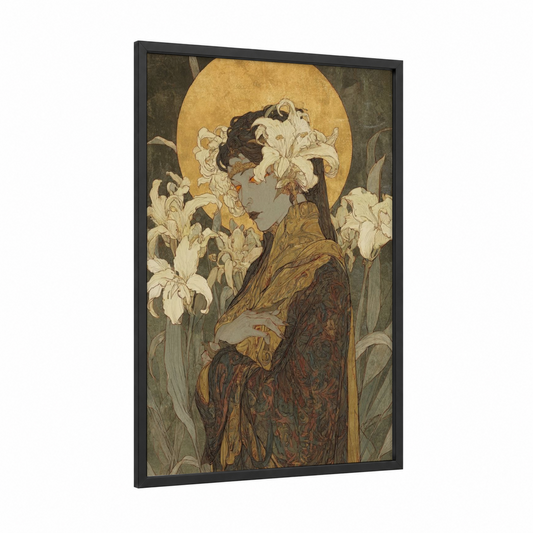Pale Iris Vampire framed art print — black wood frame — gold and cream palette