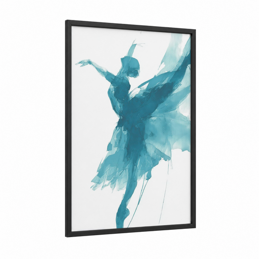 Ethereal Ballet Dancer framed art print — black wood frame — teal and blue and white palette