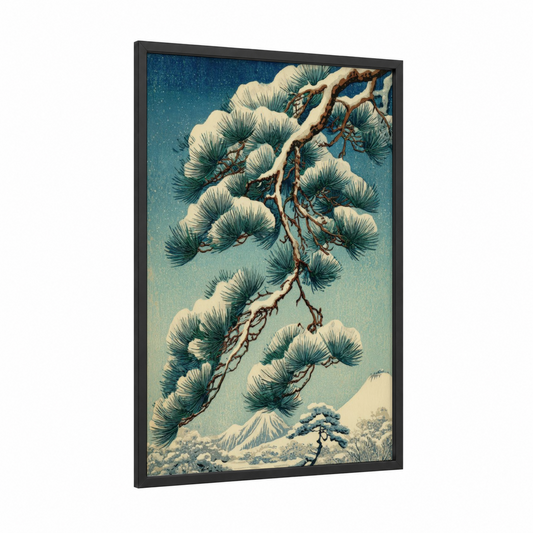 Snowy Pine Branch framed winter print — black wood frame — teal and cream palette