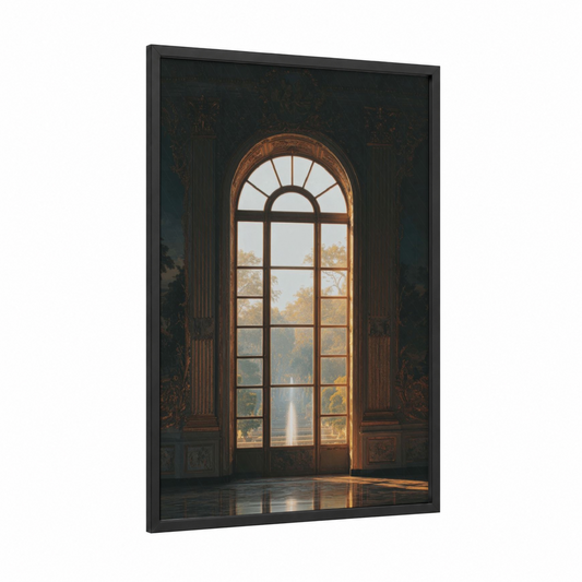 Golden Hour Window framed art print — black wood frame — gold and black and white palette
