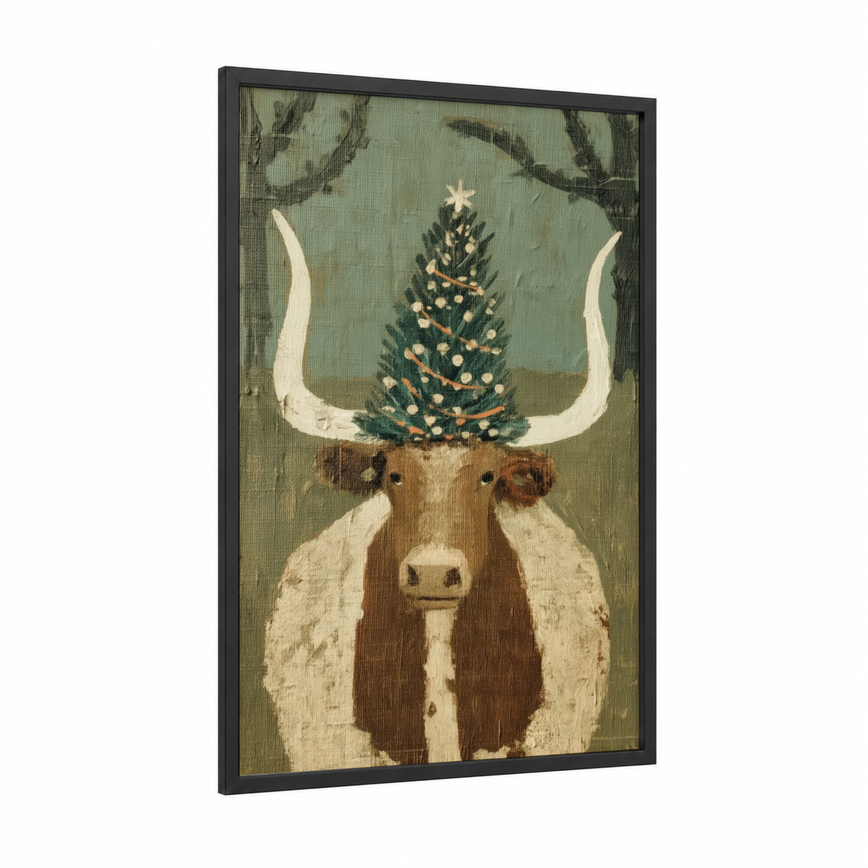Holiday Longhorn framed longhorn cow print — black wood frame — sage green and brown palette