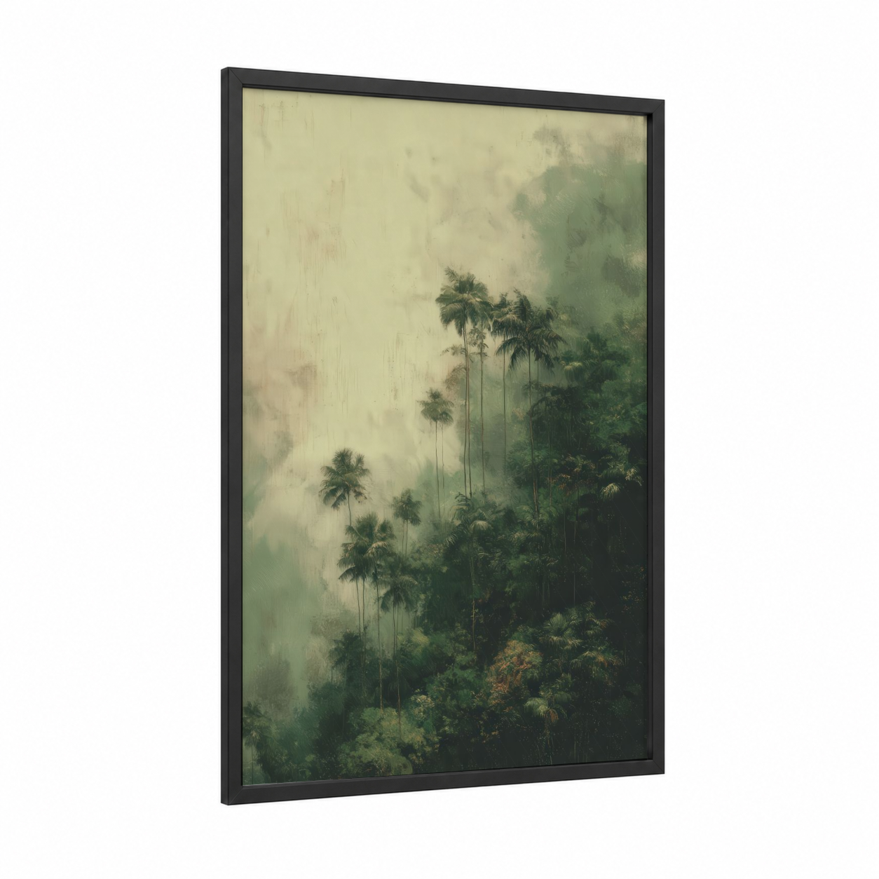 Misty Palm Forest framed art print — black wood frame — light green and cream palette