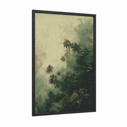 Misty Palm Forest framed art print — black wood frame — light green and cream palette