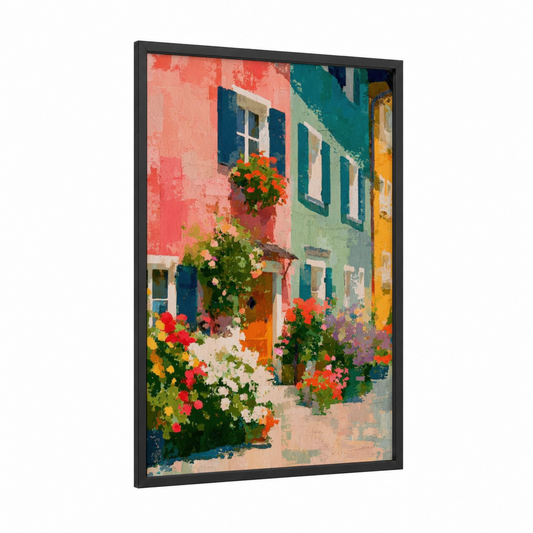 Colorful Cottage Garden framed house print — black wood frame — salmon pink and teal palette