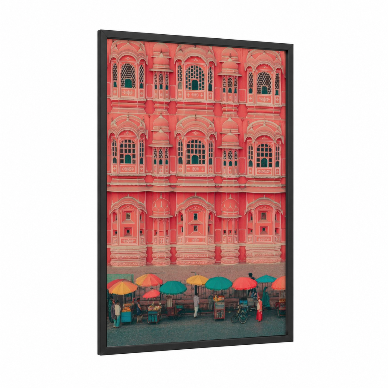 Jaipur Palace Market framed monuments print — black wood frame — rose gold and teal palette