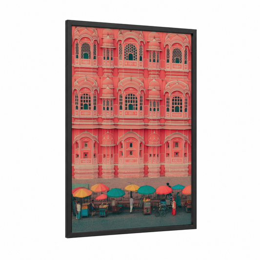 Jaipur Palace Market framed monuments print — black wood frame — rose gold and teal palette