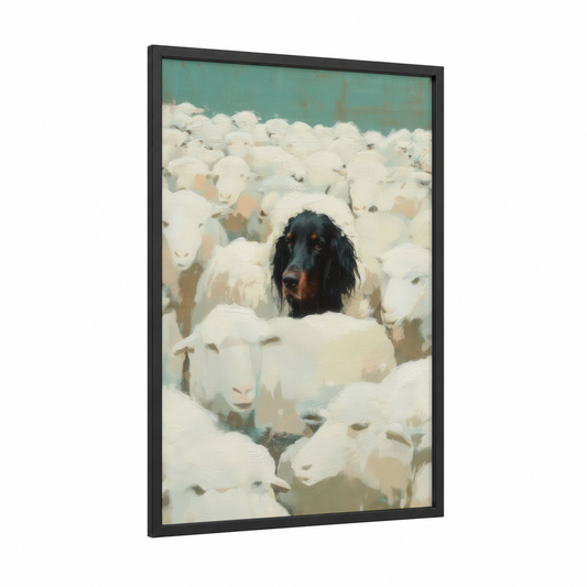 Shepherd Among Sheep framed setter print — black wood frame — white and teal palette