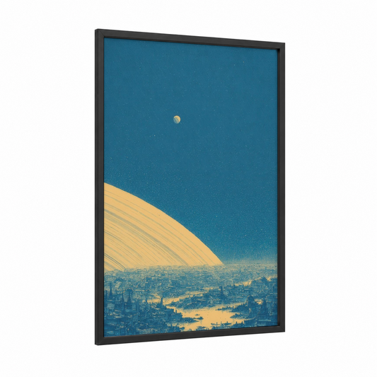 Celestial Dreamscape framed art print — black wood frame — blue and gold palette
