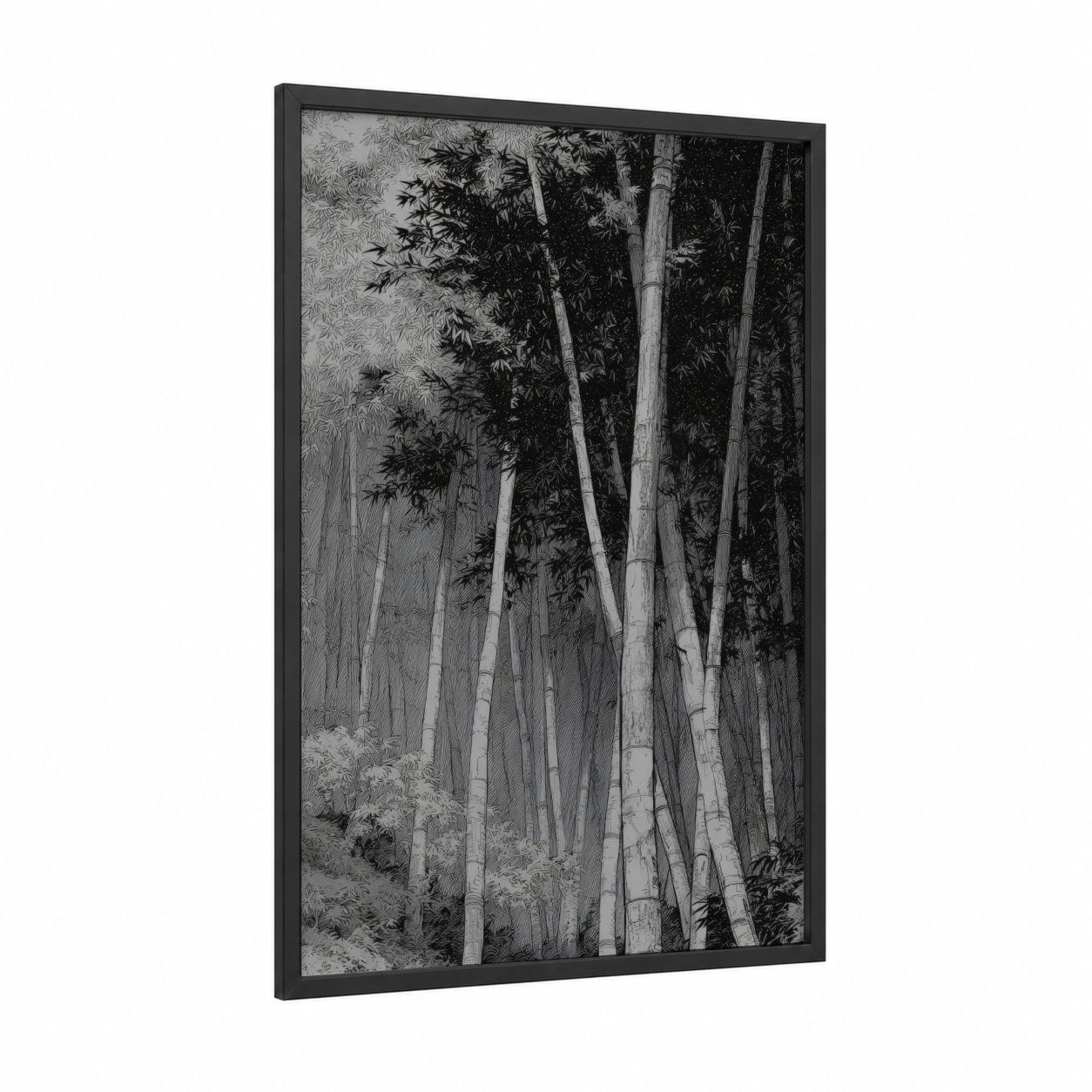 Misty Bamboo Grove framed bamboo jungle print — black wood frame — black and white and gray palette