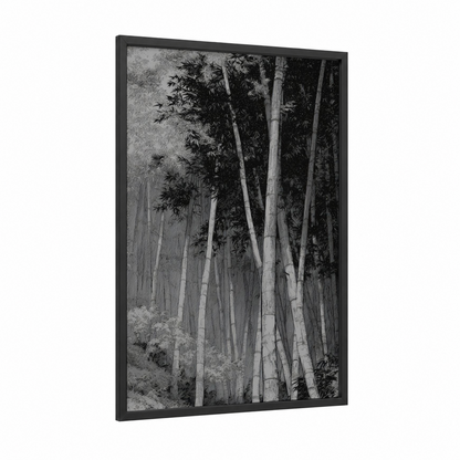 Misty Bamboo Grove framed bamboo jungle print — black wood frame — black and white and gray palette