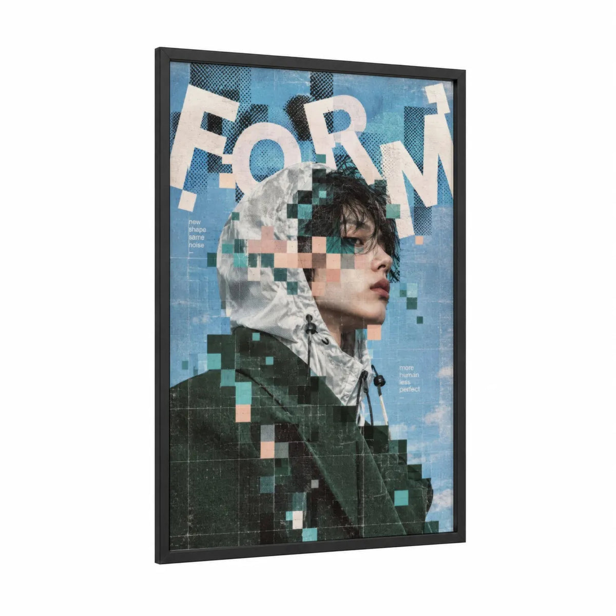 Geometric Portrait Fashion Wall Art framed abstract geometric print — black wood frame — blue and teal palette
