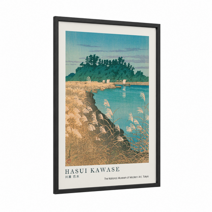 Coastal Woodland Beach framed art print — black wood frame — blue and cream palette